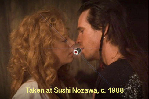 Candid photo of Joanne Whalley & Val Kilmer at Sushi Nozawa, 1988
