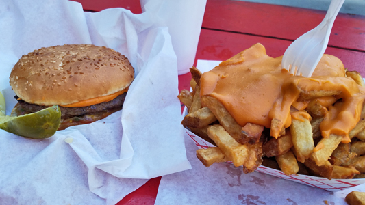 char cheddar burger & cheese fries